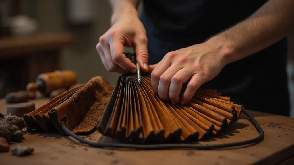 Artisan repairing an antique accordion bellows