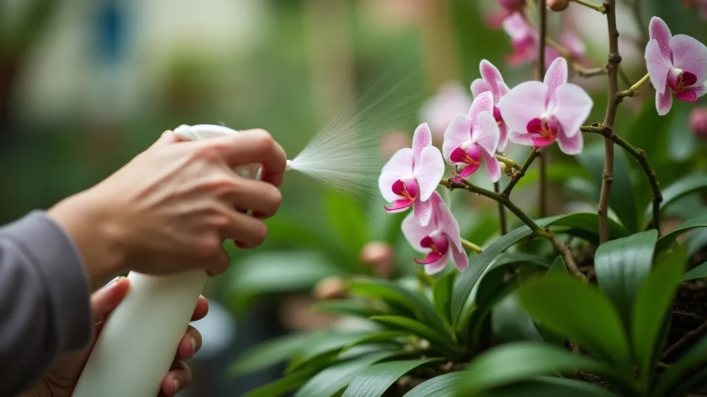 Gardener misting orchids