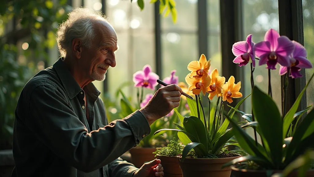 Grandfather tending orchids in a vintage greenhouse