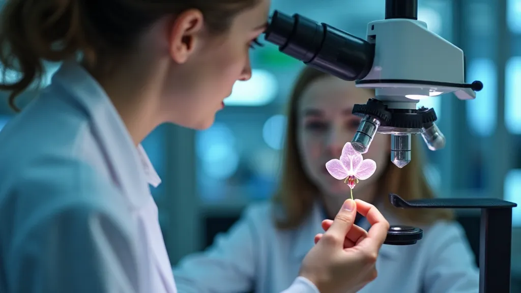Orchid researcher using a microscope