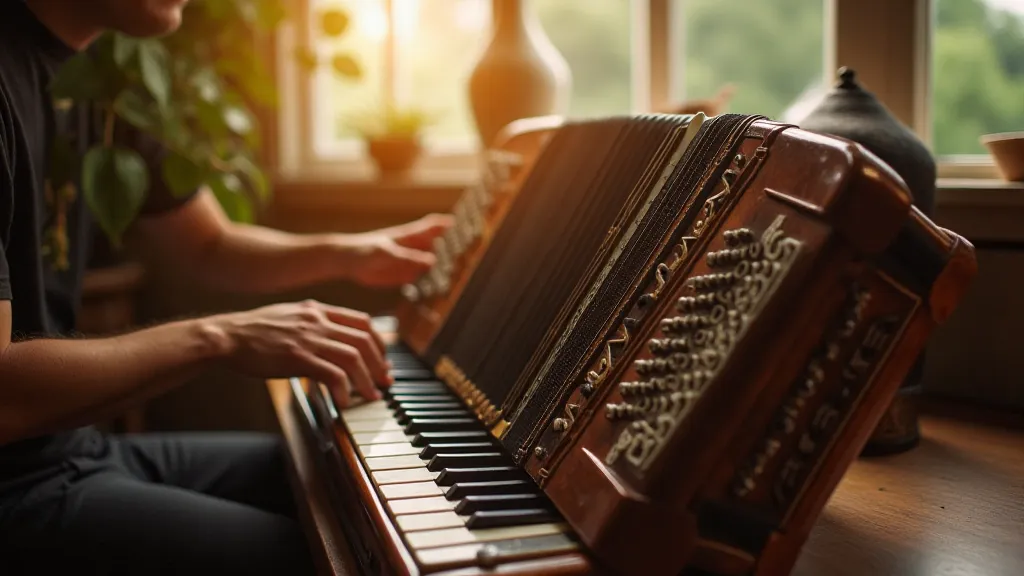 Musician playing a restored accordion