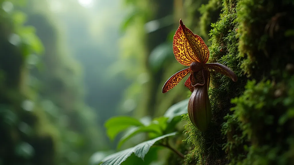 Paphiopedilum rothschildianum on limestone cliff